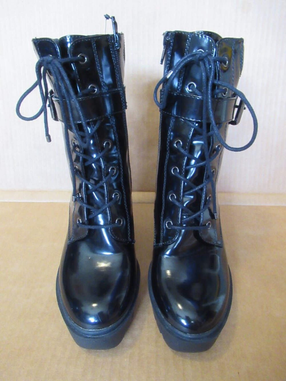 NWT Forever 21 Black Patent Lace Up Buckle Chunky Heel Ankle Boots | Size 7 - Picture 7 of 16